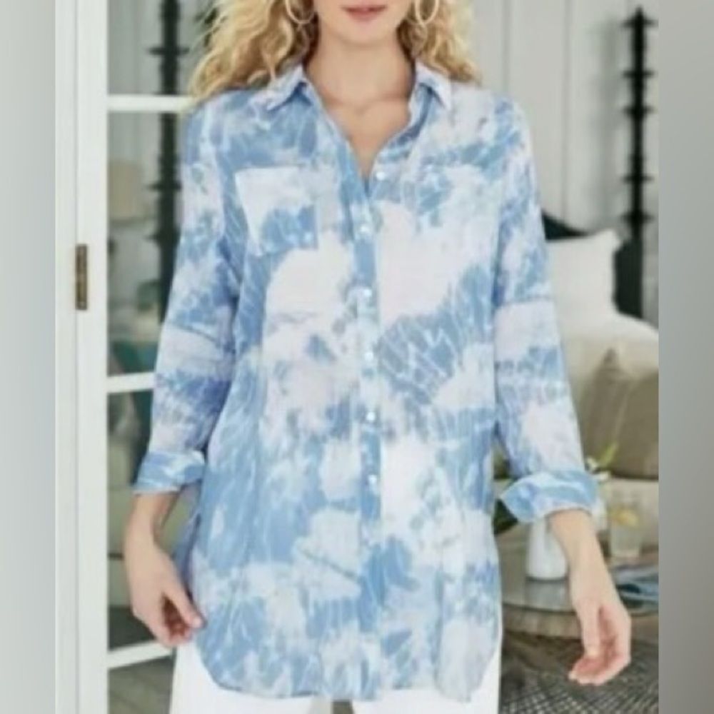 Soft Surroundings Seika Shirt Women'sBlue White Tie Dye Button Down Size M